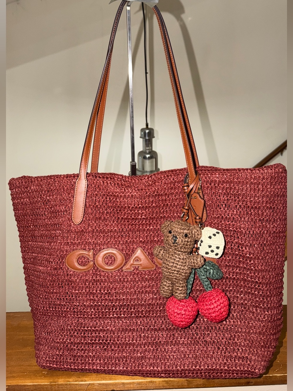 Authentic/ Coach Large City Tote CES20 Russet Woven Straw Leather Handles